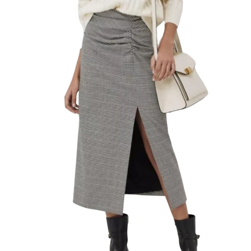 Marella Plaid A-line Midi Skirt 12 Black White Houndstooth Ruch Slit Wool Blend